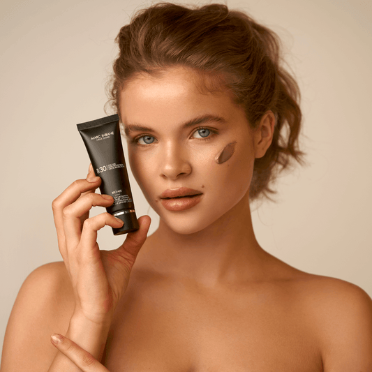 marc inbane getinte dagcrème spf30 met kleur voorbeeld op gezicht vrouw