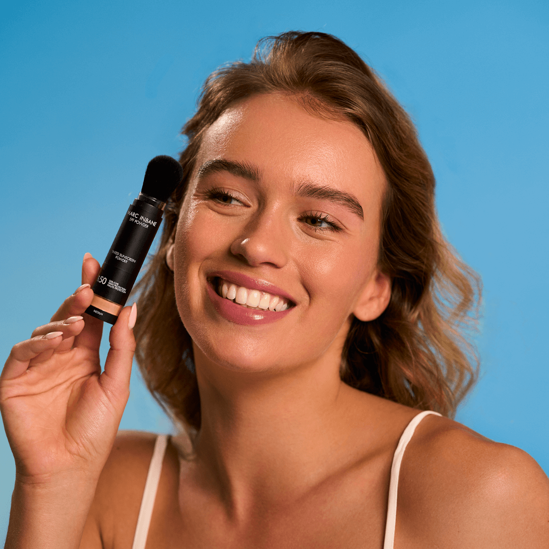 Marc inbane zonnepoeder spf50 met gezicht vrouw voorbeeld