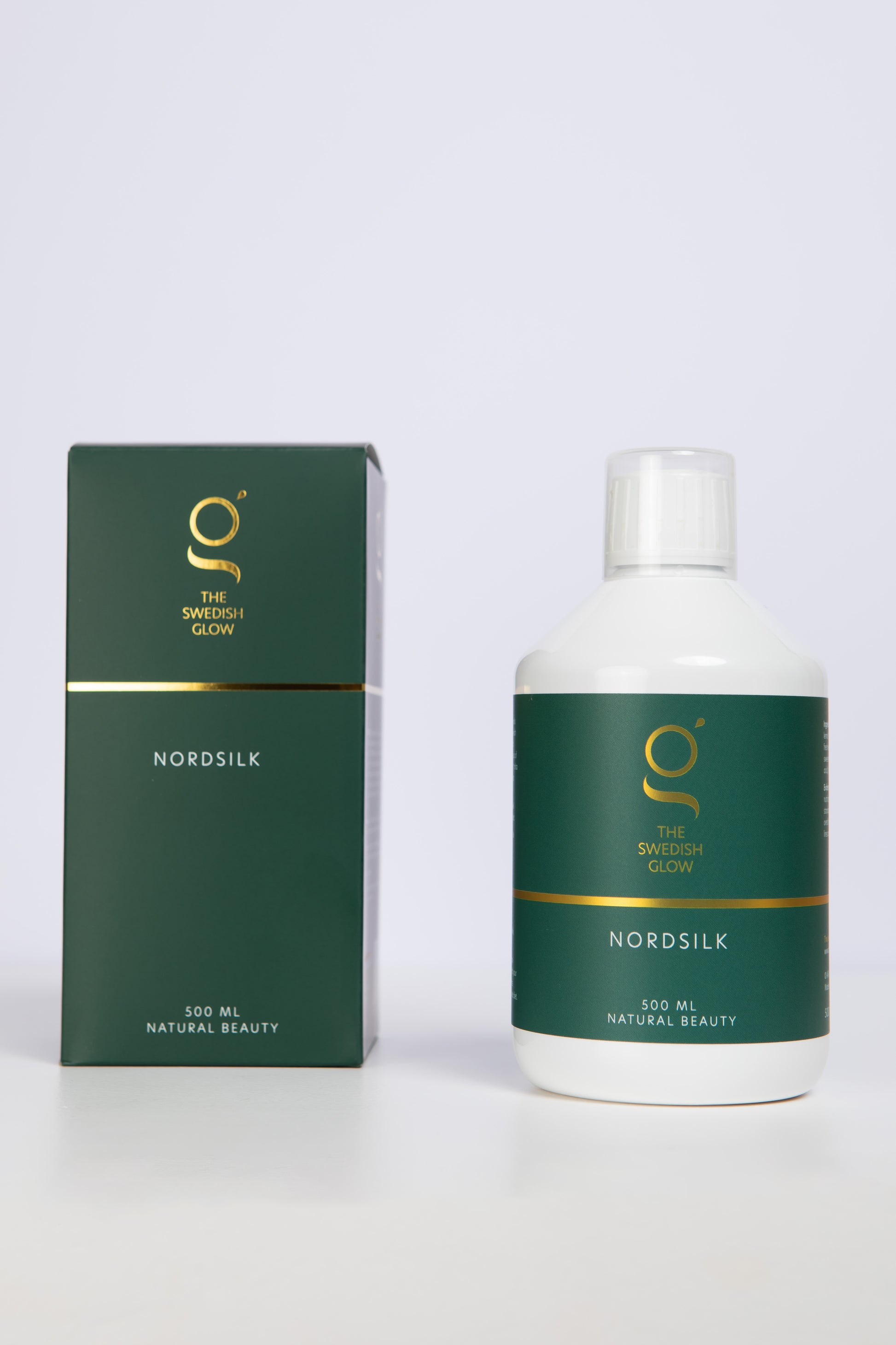 Nordsilk supplement van The Swedish Glow – ondersteunt haargroei en huidelasticiteit - doos en fles