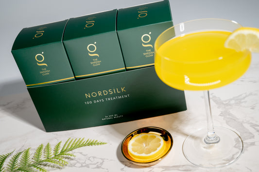 Nordsilk supplement van The Swedish Glow – ondersteunt haargroei en huidelasticiteit kuur met glas nordsilk